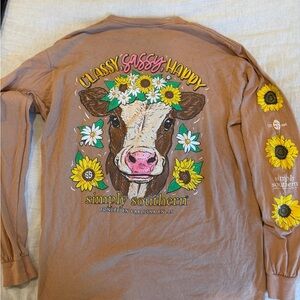 Simply Southern Tan Long Sleeve Shirt with Cow and Sunflower Design